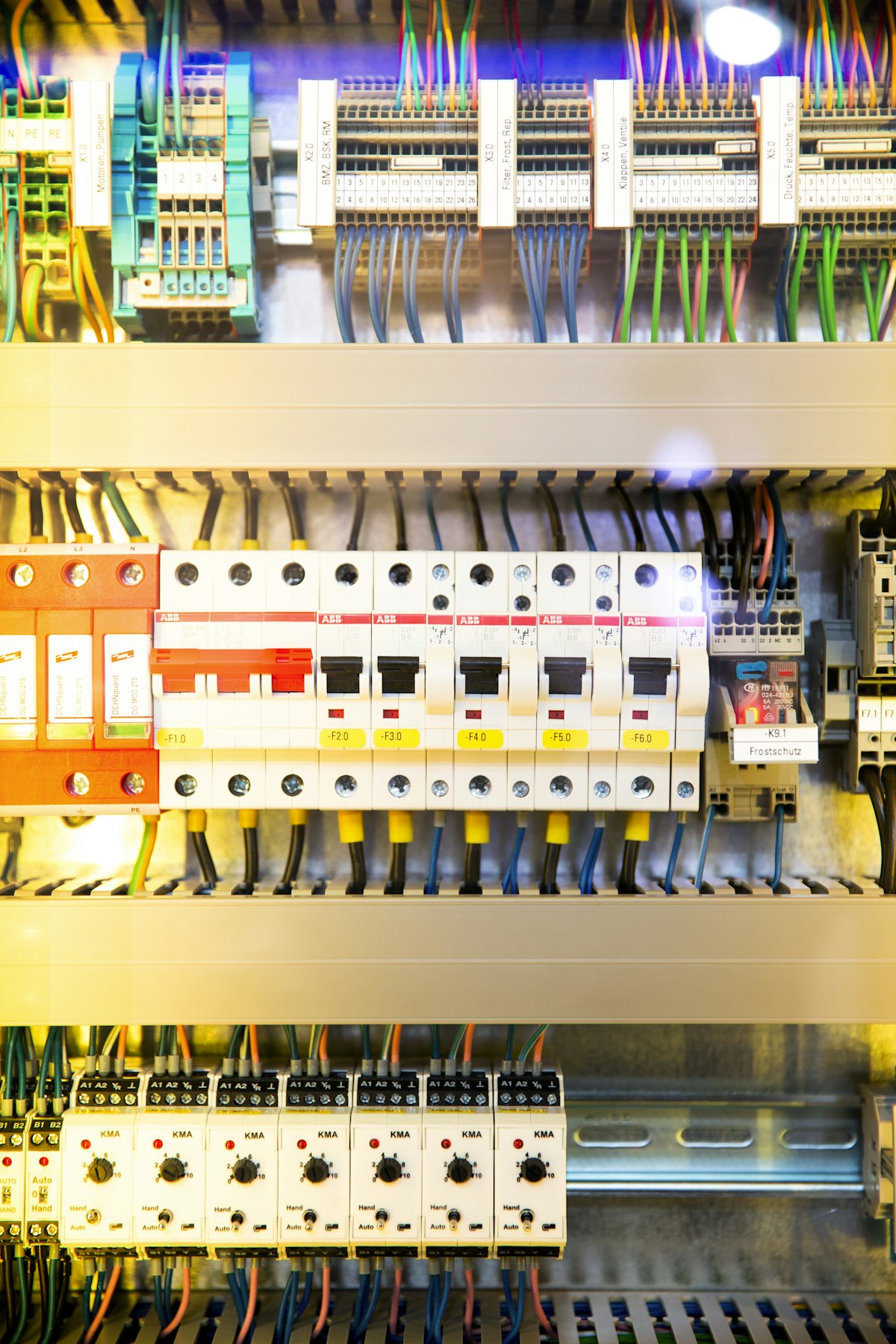 Wired electrical control panel with breakers and terminals